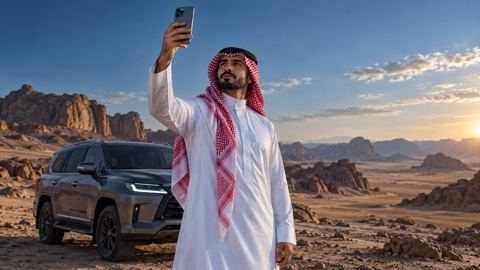 مسافر سعودي بجانب سيارة دفع رباعي في الصحراء يرفع جواله نحو السماء