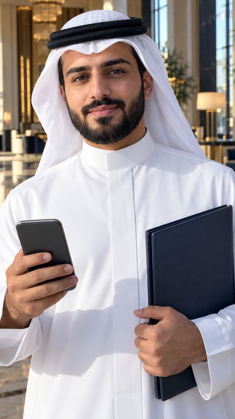 مسافر سعودي بثوب أبيض يمسك جواله وملفاً طبياً في بهو فندق مشمس