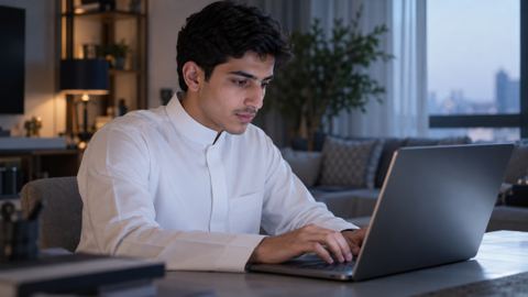 متقدم للجامعة سعودي يتفقد حسابه الجامعي على اللابتوب في البيت