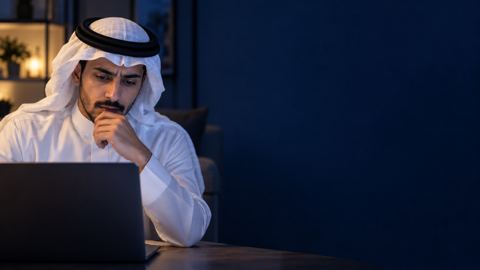 متقدم للجامعة سعودي متردد أمام اللابتوب في مكتب البيت