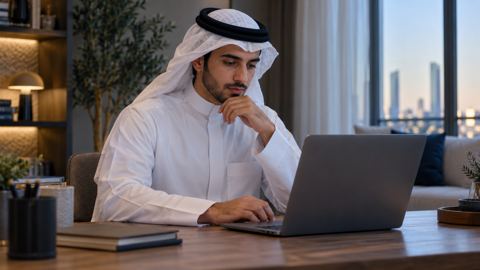متقدم للجامعة سعودي يراجع خيارات الدراسة على اللابتوب في مكتب البيت