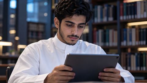 طالب جامعي سعودي يقرأ مرجعاً أكاديمياً رقمياً على جهاز لوحي في مكتبة هادئة