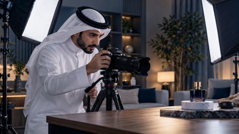 مصور فيديو سعودي يصوّر منتجاً على طاولة بإضاءة استوديو ناعمة