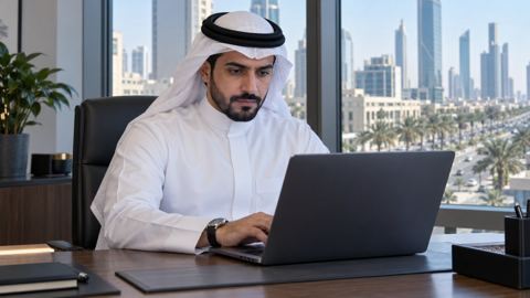 مدير موقع سعودي يتفقد اللابتوب على مكتب مرتب في مكتب خليجي