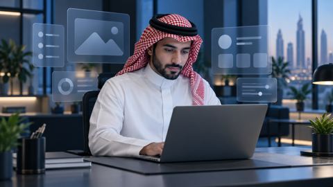 مطور مواقع سعودي يعمل على اللابتوب في مكتب عصري