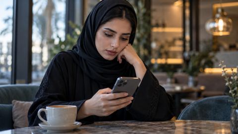 امرأة سعودية في مقهى تتصفح منشوراتها على جوالها بنظرة متأملة