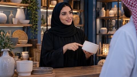 امرأة سعودية في محلها الصغير تجيب سؤال زبونة وتشير إلى منتج