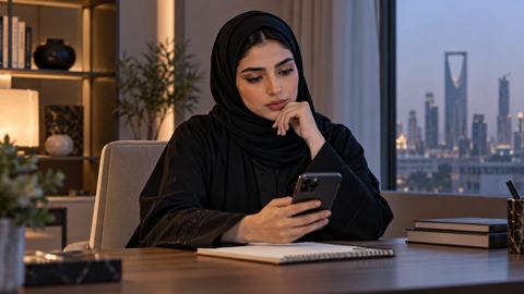 امرأة سعودية تتأمل جوالها وهي تقرر ماذا تبحث