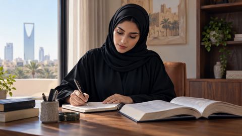 امرأة سعودية تدوّن ملاحظات بجانب كتاب مرجعي مفتوح على مكتب خشبي
