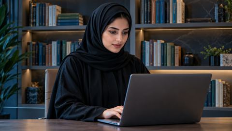 امرأة سعودية تكتب دليلاً تعليمياً على اللابتوب وخلفها رفوف كتب