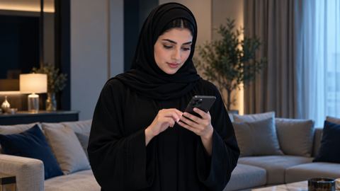 امرأة سعودية بالعباءة تكتب عبارة بحث على جوالها في الصالة