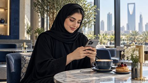 امرأة سعودية بالعباءة تستخدم جوالها بارتياح في مقهى مضيء