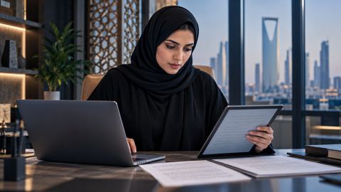 امرأة سعودية تراجع نصوصاً عربية ووثائق على جهاز لوحي ولابتوب
