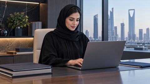 امرأة سعودية بالعباءة تعمل على اللابتوب في مكتب بملفات مرتبة