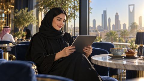 امرأة سعودية بعباءة سوداء وحجاب تقرأ على جهاز لوحي في مقهى يطل على الرياض