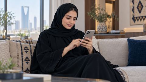 امرأة سعودية تتصفح نتائج البحث على جوالها في صالة مضيئة