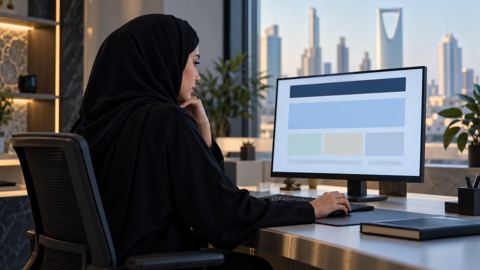 امرأة سعودية تتصفح بوابة اعتماد رسمية على الكمبيوتر قبل التسجيل