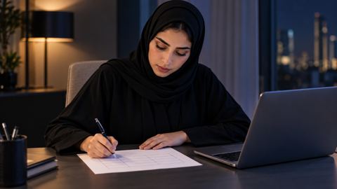 امرأة سعودية تكتب جدول مقارنة بخط يدها بجانب لابتوبها