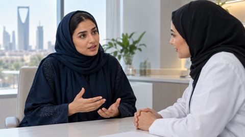 امرأة سعودية تشرح أعراضها لطبيبة على مكتب الاستشارة