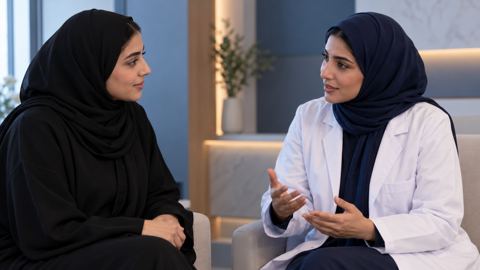 امرأة سعودية تناقش نتائج تحاليلها مع طبيبة غدد سعودية بالمعطف والحجاب
