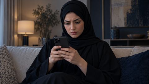 امرأة سعودية تقطب قليلاً وهي تكمل الدفع من جوالها في البيت