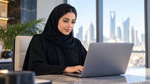 امرأة سعودية بالحجاب تتصفح موقعاً موثوقاً في مجالها على لابتوبها