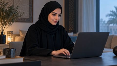 امرأة سعودية تختار خدمة حكومية على لابتوبها في البيت