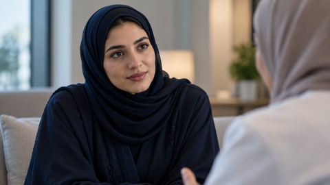 امرأة سعودية تستمع باهتمام لطبيبة أثناء استشارة هادئة