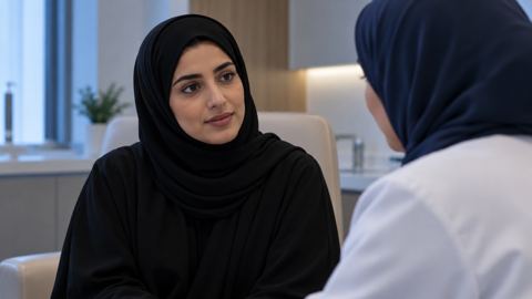امرأة سعودية تستمع بعناية للطبيب في غرفة استشارة خاصة