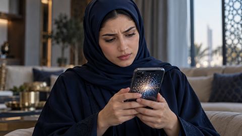 امرأة سعودية تنظر إلى عداد مشاهدات كبير على جوالها بتساؤل