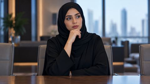 امرأة سعودية في غرفة اجتماعات توازن بين خيارين بتأمل
