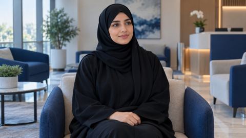 امرأة سعودية بلباس محتشم في غرفة انتظار عيادة مريحة بضوء النهار