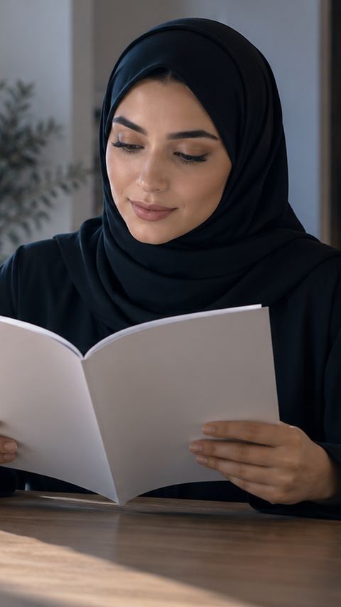 سعودي، امرأة، طاولة، يقرأ