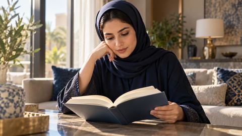 امرأة سعودية بلباس يومي محتشم تقرأ على طاولة صالة مشمسة