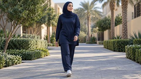 امرأة سعودية بملابس رياضية محتشمة تمشي على ممر هادئ في الحي
