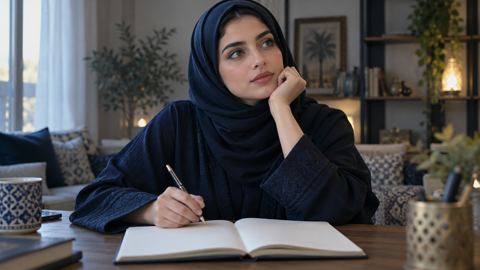 امرأة سعودية شاردة الذهن أمام دفتر مفتوح على مكتبها في البيت