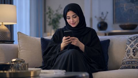امرأة سعودية على الكنب تقرأ تقييمات المنتج على جوالها قبل الشراء