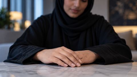 يدا امرأة سعودية مسترخيتان على الطاولة ووجهها خلفهما