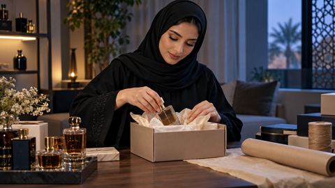 امرأة سعودية صاحبة متجر عطور إلكتروني تغلّف طلباً في مساحة عملها بالبيت