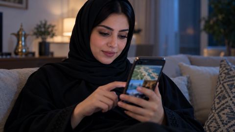 امرأة سعودية تتصفح جوالاً يعرض مقاطع فيديو وخريطة