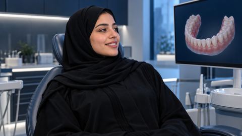 امرأة سعودية في استشارة أسنان تتابع مجسم أسنان رقمياً على الشاشة