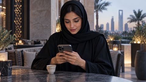 امرأة سعودية في مقهى تنظر إلى جوالها وبجانبها قهوة عربية