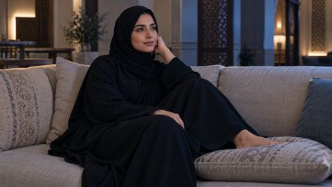 امرأة سعودية على الكنب تسند قدمها على وسادة بهدوء