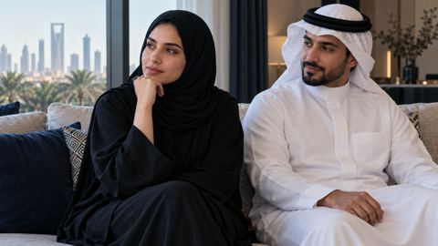 امرأة سعودية جالسة متأملة بجانب زوجها على الكنب في بيت هادئ