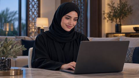 امرأة سعودية تبتسم بعد إنهاء خدمة إلكترونية على لابتوبها في البيت