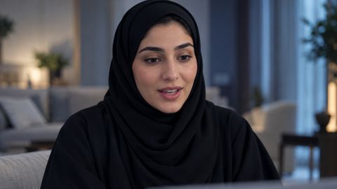 امرأة سعودية تتحدث بهدوء في استشارة إلكترونية خاصة من بيتها