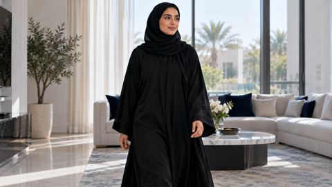 امرأة سعودية تمشي بهدوء في صالة مضيئة مرتبة