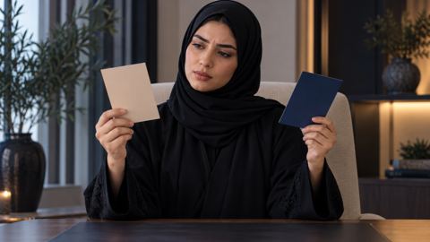 امرأة سعودية تفكر بعناية على مكتبها وهي تقارن الخيارات