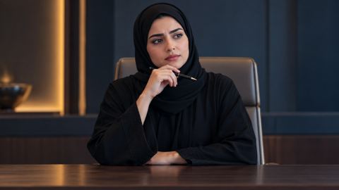 امرأة سعودية تفكر على مكتبها والقلم في يدها وهي توازن بين خيارين