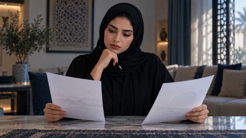 امرأة سعودية تقارن خيارين استثماريين على الورق في البيت